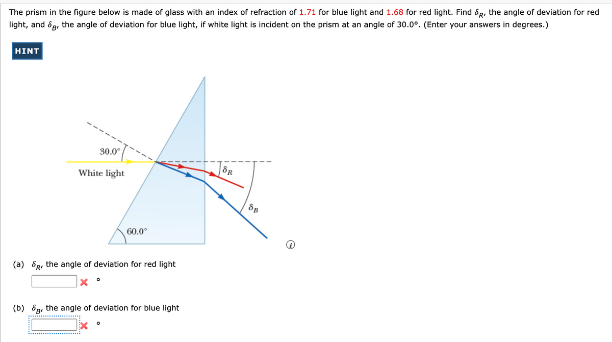 The prism in the figure below is made of glass with an index of refraction of 1.71 for blue light and 1.68 for red light. Find &R, the angle of deviation for red
light, and & R, the angle of deviation for blue light, if white light is incident on the prism at an angle of 30.0°. (Enter your answers in degrees.)
HINT
30.0°
White light
60.0°
(a) OR, the angle of deviation for red light
(b) 8B, the angle of deviation for blue light
B'
