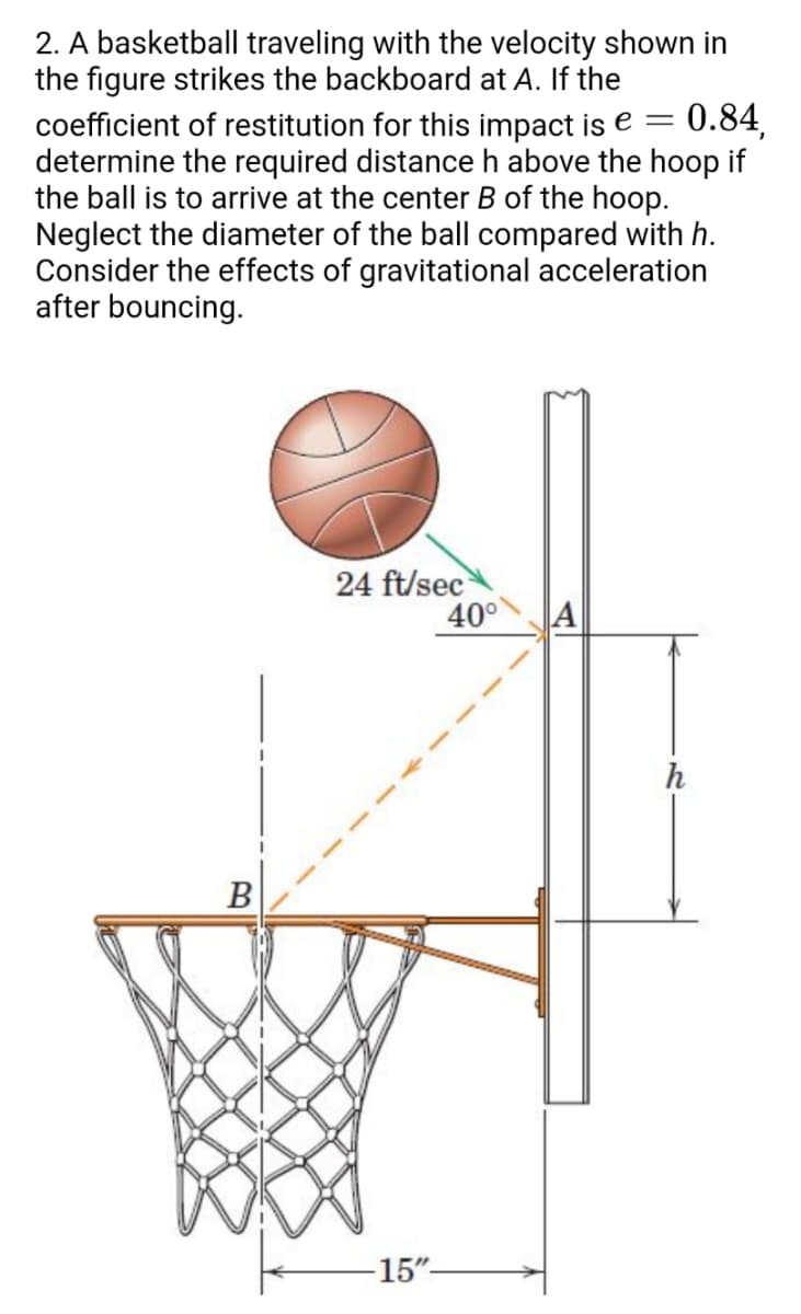 2. A basketball traveling with the velocity shown in
the figure strikes the backboard at A. If the
0.84,
coefficient of restitution for this impact is e =
determine the required distance h above the hoop if
the ball is to arrive at the center B of the hoop.
Neglect the diameter of the ball compared with h.
Consider the effects of gravitational acceleration
after bouncing.
24 ft/sec
40⁰
B
-15"-
h