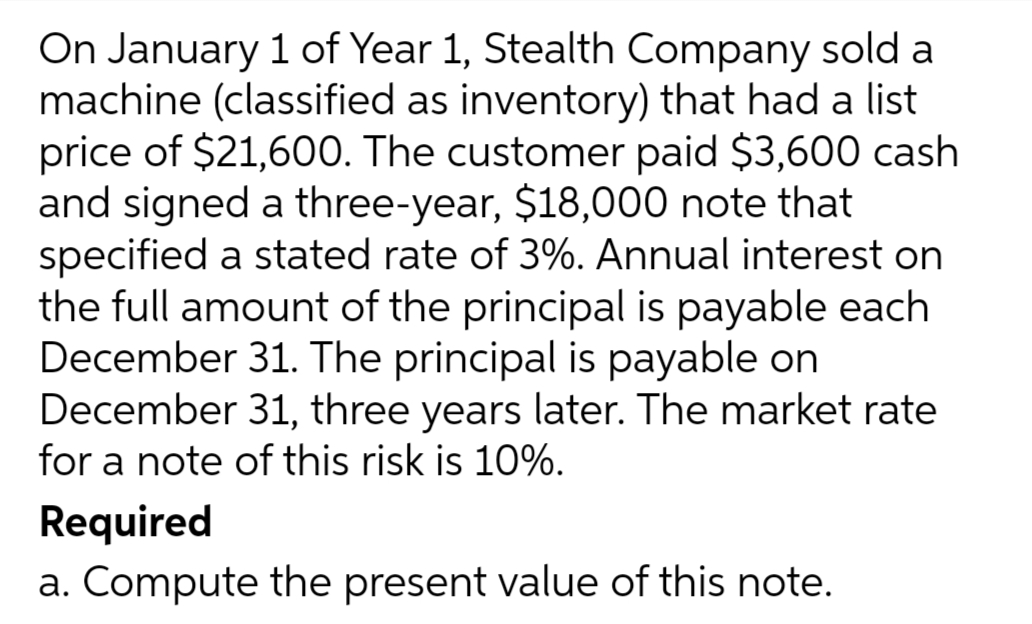 On January 1 of Year 1, Stealth Company sold a
machine (classified as inventory) that had a list
price of $21,600. The customer paid $3,600 cash
and signed a three-year, $18,000 note that
specified a stated rate of 3%. Annual interest on
the full amount of the principal is payable each
December 31. The principal is payable on
December 31, three years later. The market rate
for a note of this risk is 10%.
Required
a. Compute the present value of this note.
