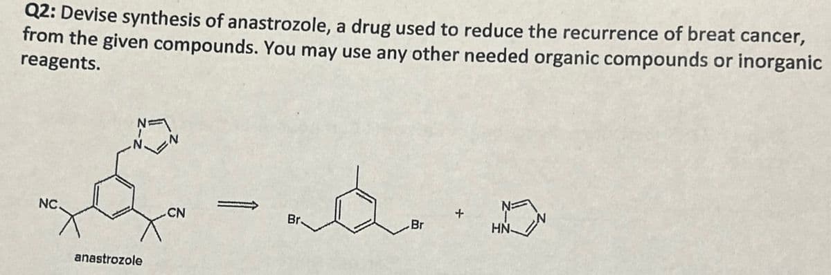 Q2: Devise synthesis of anastrozole, a drug used to reduce the recurrence of breat cancer,
from the given compounds. You may use any other needed organic compounds or inorganic
reagents.
می
NC.
anastrozole
CN
ملکه
Br.
Br
+
an
HN.