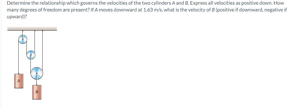 Determine the relationship which governs the velocities of the two cylinders A and B. Express all velocities as positive down. How
many degrees of freedom are present? If A moves downward at 1.63 m/s, what is the velocity of B (positive if downward, negative if
upward)?
A
