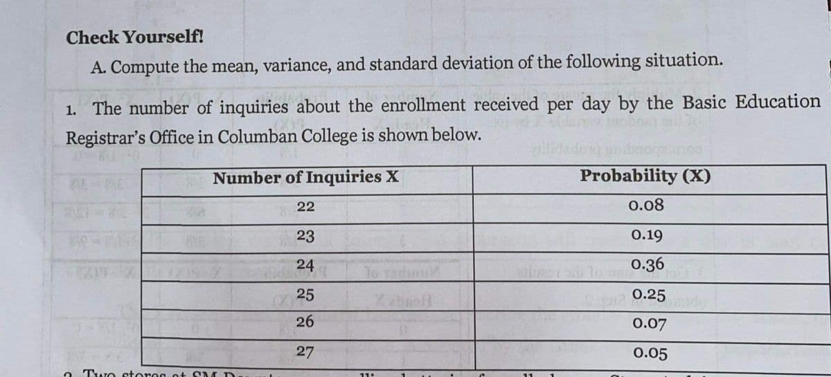 Check Yourself!
A. Compute the mean, variance, and standard deviation of the following situation.
1.
The number of inquiries about the enrollment received per day by the Basic Education
Registrar's Office in Columban College is shown below.
Number of Inquiries X
Probability (X)
22
О.08
23
О.19
24
0.36
25
0.25
26
0.07
27
0.05
Two stores ot SM D
