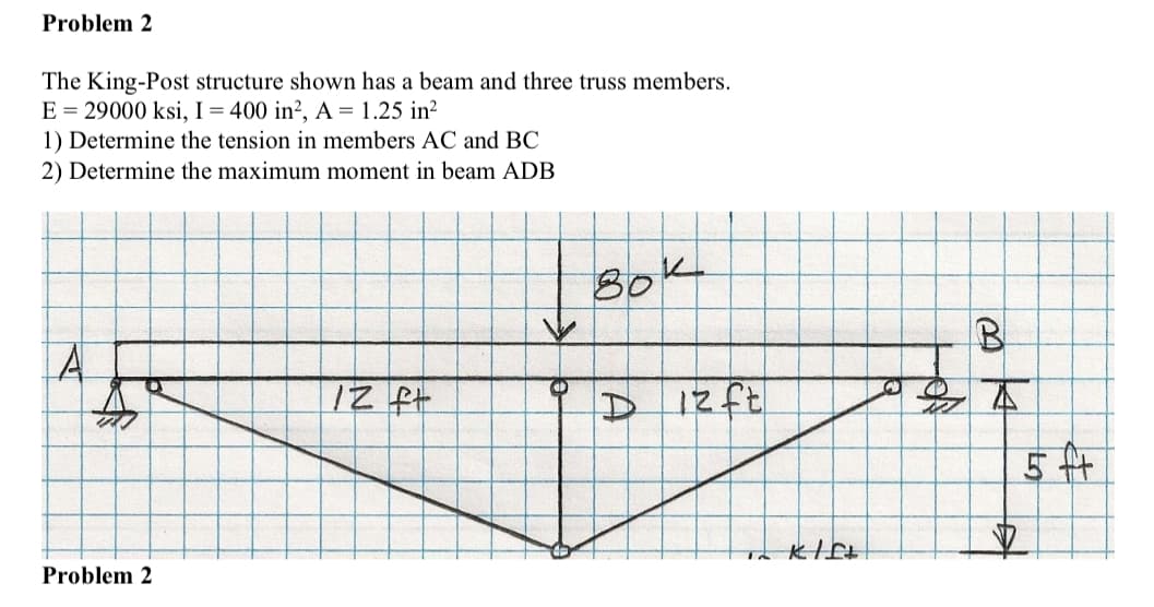 Problem 2
The King-Post structure shown has a beam and three truss members.
E = 29000 ksi, I = 400 in², A = 1.25 in²
1) Determine the tension in members AC and BC
2) Determine the maximum moment in beam ADB
A
$
Problem 2
12 ft
80k
D 12ft
KISH
B
D
54+