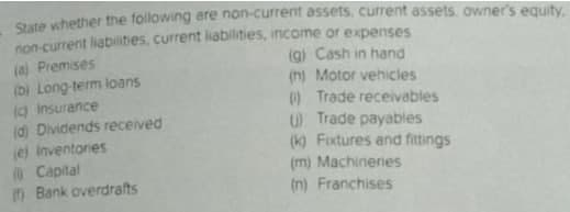 State whether the following are non-current assets, current assets, owner's equity
(a) Premises
(b) Long-term loans
() insurance
(d) Dividends received
(e) Inventories
OCapital
n Bank overdrafts
non-current liabilities, current liabilities, income or expenses
(g) Cash in hand
(n) Motor vehicles
) Trade receivables
O Trade payables
(k) Fixtures and fittings
(m) Machineries
(n) Franchises
