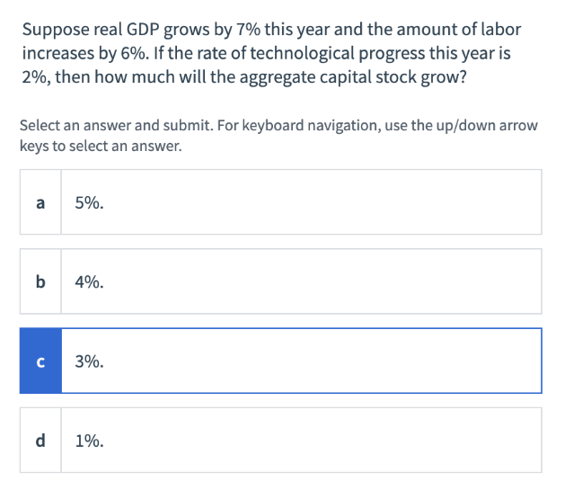 Suppose real GDP grows by 7% this year and the amount of labor
increases by 6%. If the rate of technological progress this year is
2%, then how much will the aggregate capital stock grow?
Select an answer and submit. For keyboard navigation, use the up/down arrow
keys to select an answer.
a
b
с
d
5%.
4%.
3%.
1%.