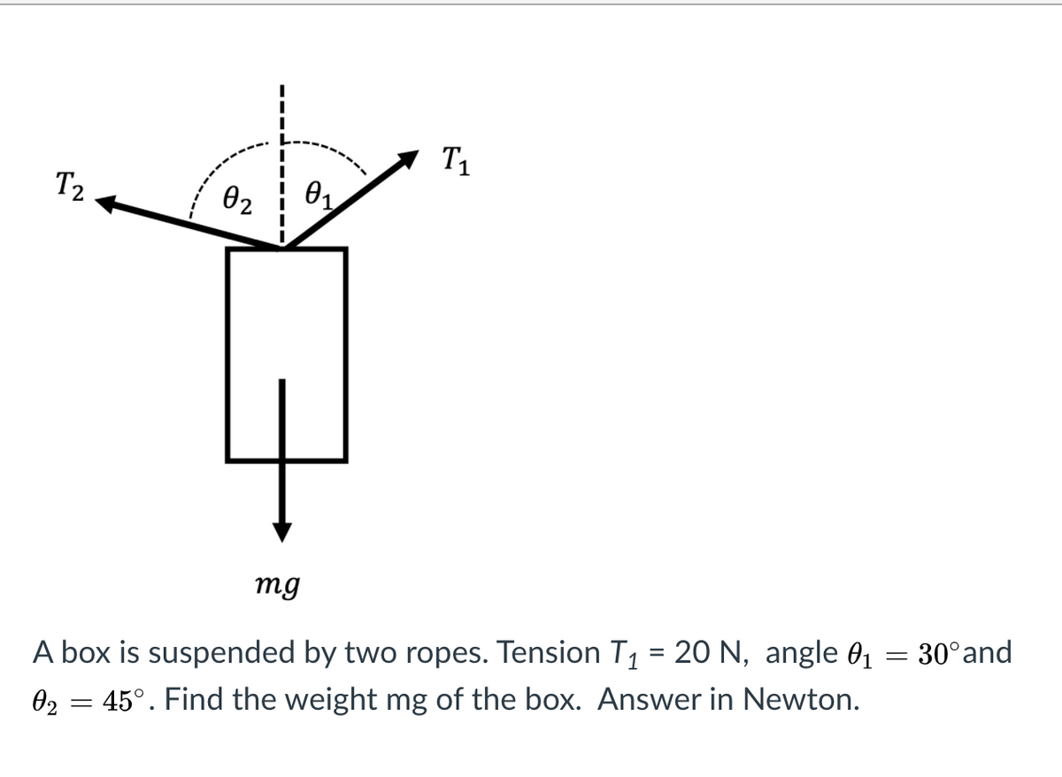 T1
T2
02
mg
A box is suspended by two ropes. Tension T1 = 20 N, angle 01 = 30°and
02 = 45°. Find the weight mg of the box. Answer in Newton.
