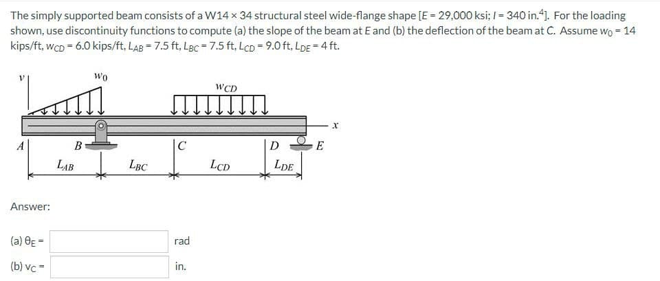 The simply supported beam consists of a W14 x 34 structural steel wide-flange shape [E - 29,000 ksi; I - 340 in.4). For the loading
shown, use discontinuity functions to compute (a) the slope of the beam at E and (b) the deflection of the beam at C. Assume wo = 14
kips/ft, wcD = 6.0 kips/ft, LAB = 7.5 ft, LBc = 7.5 ft, LcD = 9.0 ft, LDE = 4 ft.
wo
WCD
A
B
C
D
LAB
LBC
LCD
LDE
Answer:
(a) OE =
rad
(b) vc =
in.
