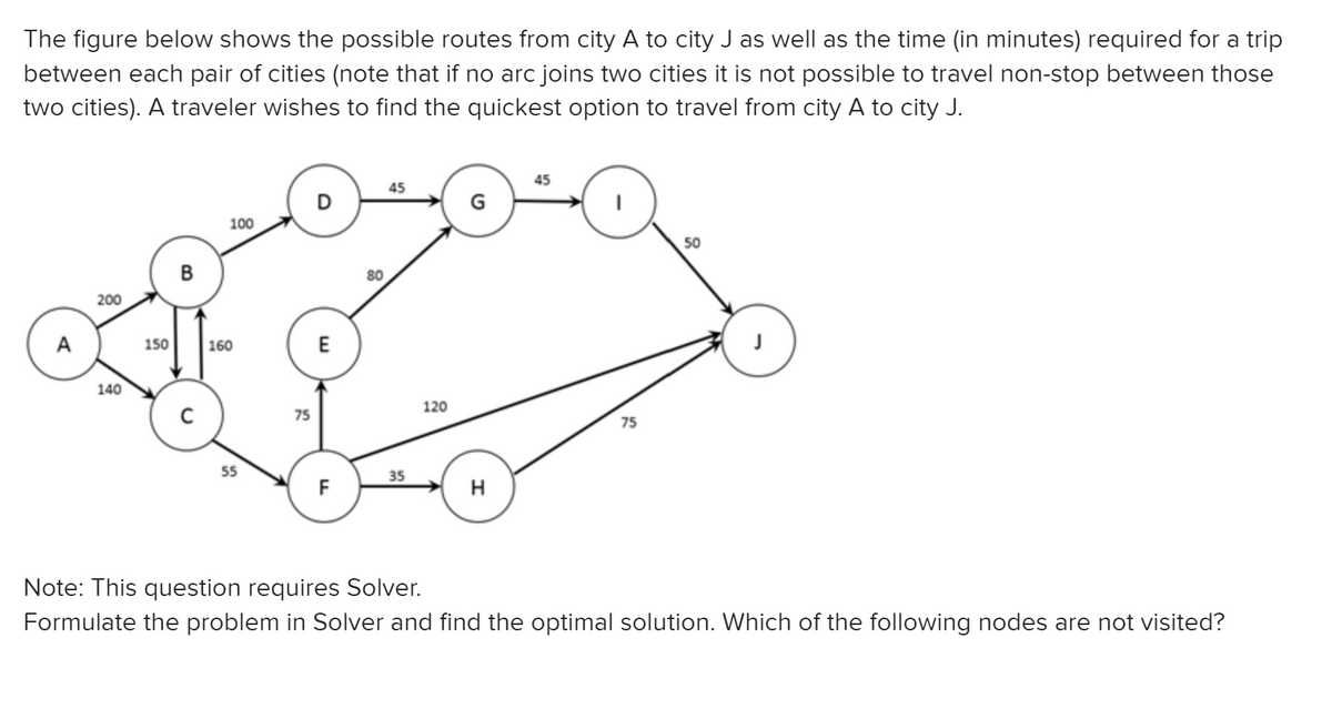 The figure below shows the possible routes from city A to city J as well as the time (in minutes) required for a trip
between each pair of cities (note that if no arc joins two cities it is not possible to travel non-stop between those
two cities). A traveler wishes to find the quickest option to travel from city A to city J.
A
100
B
80
Be
160
E
120
C
75
F
200
140
150
45
55
35
H
75
50
Note: This question requires Solver.
Formulate the problem in Solver and find the optimal solution. Which of the following nodes are not visited?
