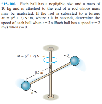*15-100. Each ball has a negligible size and a mass of
10 kg and is attached to the end of a rod whose mass
may be neglected. If the rod is subjected to a torque
M = (f + 2) N•m, where t is in seconds, determine the
speed of each ball when t=3 s. Each ball has a speed v=2
m/s when t=0.
M = (* + 2) N - m
0.5 m
