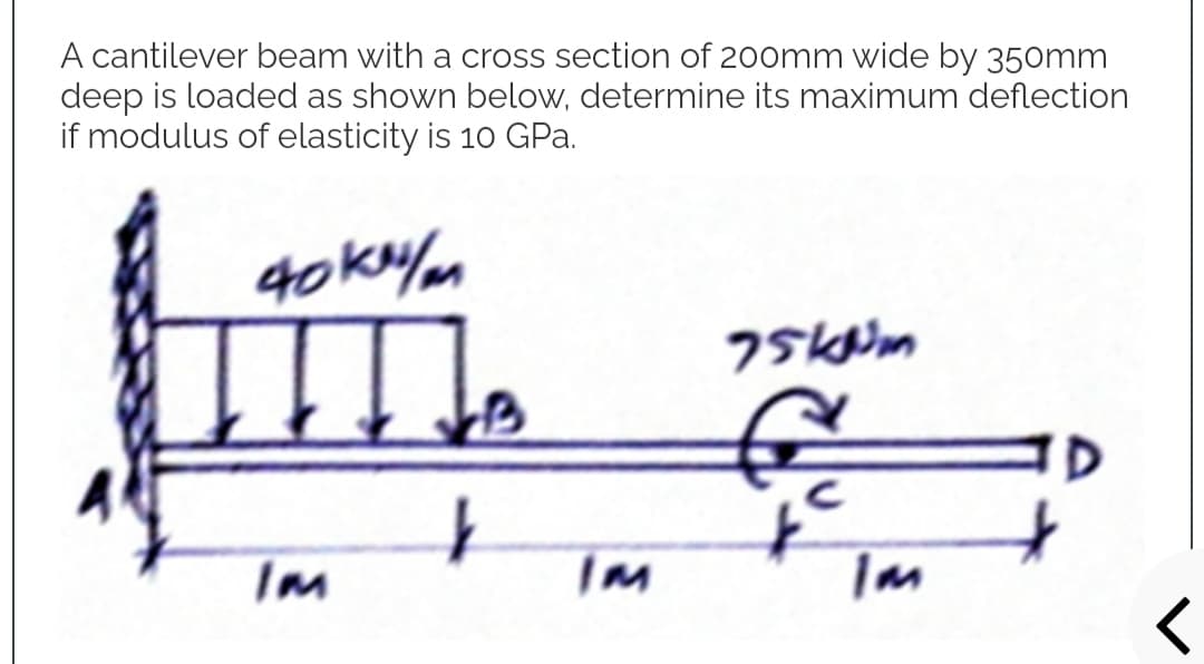A cantilever beam with a cross section of 200mm wide by 350mm
deep is loaded as shown below, determine its maximum deflection
if modulus of elasticity is 10 GPa.
40kr/m
He
B
Im
75kum
f
C
Im