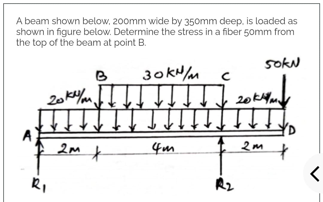 A beam shown below, 200mm wide by 350mm deep, is loaded as
shown in figure below. Determine the stress in a fiber 50mm from
the top of the beam at point B.
50kN
A
20 купи
RI
B
2M X
30KN/M
TITT.
4m
20 km.
ITTJ
2m
+
<
