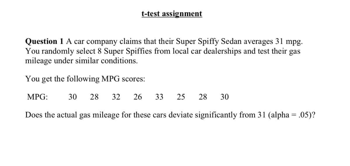 t-test assignment
Question 1 A car company claims that their Super Spiffy Sedan averages 31
You randomly select 8 Super Spiffies from local car dealerships and test their gas
mileage under similar conditions.
mpg.
You get the following MPG scores:
MPG:
30
28
32
26
33
25
28
30
Does the actual gas mileage for these cars deviate significantly from 31 (alpha = .05)?
