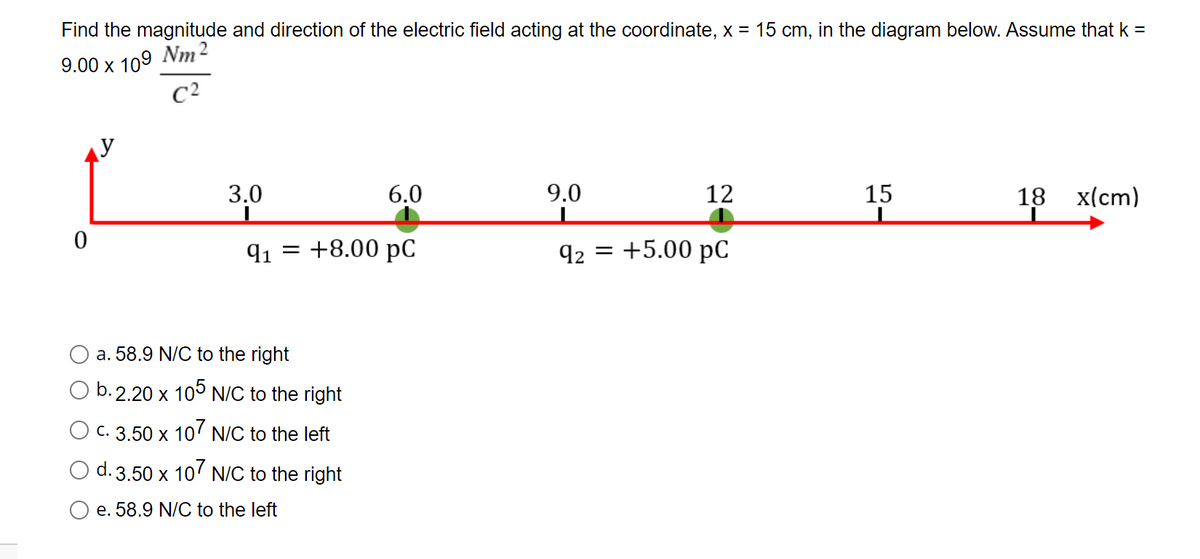 Find the magnitude and direction of the electric field acting at the coordinate, x = 15 cm, in the diagram below. Assume that k =
9.00 x 109 Nm2
C2
3.0
6.0
9.0
12
15
18
x(cm)
91
+8.00 pC
92 = +5.00 pC
a. 58.9 N/C to the right
b. 2.20 x 105 N/C to the right
C. 3,50 x 10' N/C to the left
d. 3.50 x 10' N/C to the right
e. 58.9 N/C to the left
