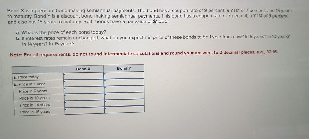 Bond X is a premium bond making semiannual payments. The bond has a coupon rate of 9 percent, a YTM of 7 percent, and 15 years
to maturity. Bond Y is a discount bond making semiannual payments. This bond has a coupon rate of 7 percent, a YTM of 9 percent,
and also has 15 years to maturity. Both bonds have a par value of $1,000.
a. What is the price of each bond today?
b. If interest rates remain unchanged, what do you expect the price of these bonds to be 1 year from now? In 6 years? In 10 years?
In 14 years? In 15 years?
Note: For all requirements, do not round intermediate calculations and round your answers to 2 decimal places, e.g., 32.16.
a. Price today
b. Price in 1 year
Price in 6 years
Price in 10 years
Price in 14 years
Price in 15 years
Bond X
Bond Y