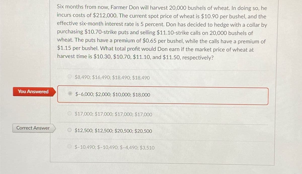 Six months from now, Farmer Don will harvest 20,000 bushels of wheat. In doing so, he
incurs costs of $212,000. The current spot price of wheat is $10.90 per bushel, and the
effective six-month interest rate is 5 percent. Don has decided to hedge with a collar by
purchasing $10.70-strike puts and selling $11.10-strike calls on 20,000 bushels of
wheat. The puts have a premium of $0.65 per bushel, while the calls have a premium of
$1.15 per bushel. What total profit would Don earn if the market price of wheat at
harvest time is $10.30, $10.70, $11.10, and $11.50, respectively?
$8,490; $16,490; $18,490; $18,490
You Answered
$-6,000; $2,000; $10,000; $18,000
Correct Answer
$17,000; $17,000; $17,000; $17,000
$12,500; $12,500; $20,500; $20,500
$-10,490; $-10,490; $-4,490; $3,510