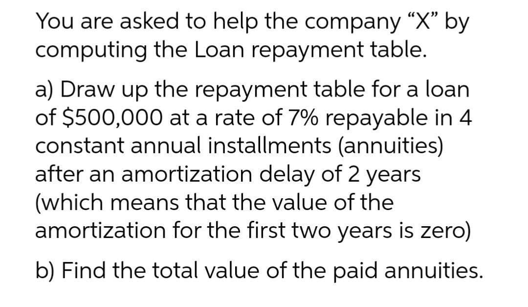 You are asked to help the company "X" by
computing the Loan repayment table.
a) Draw up the repayment table for a loan
of $500,000 at a rate of 7% repayable in 4
constant annual installments (annuities)
after an amortization delay of 2 years
(which means that the value of the
amortization for the first two years is zero)
b) Find the total value of the paid annuities.
