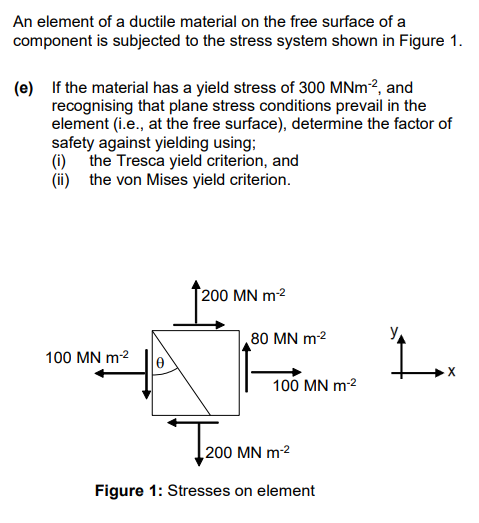 An element of a ductile material on the free surface of a
component is subjected to the stress system shown in Figure 1.
(e) If the material has a yield stress of 300 MNm-², and
recognising that plane stress conditions prevail in the
element (i.e., at the free surface), determine the factor of
safety against yielding using;
the Tresca yield criterion, and
the von Mises yield criterion.
(i)
(ii)
100 MN m-²
200 MN m-²
80 MN m-²
100 MN m-²
2001
200 MN m-²
Figure 1: Stresses on element
1..
X