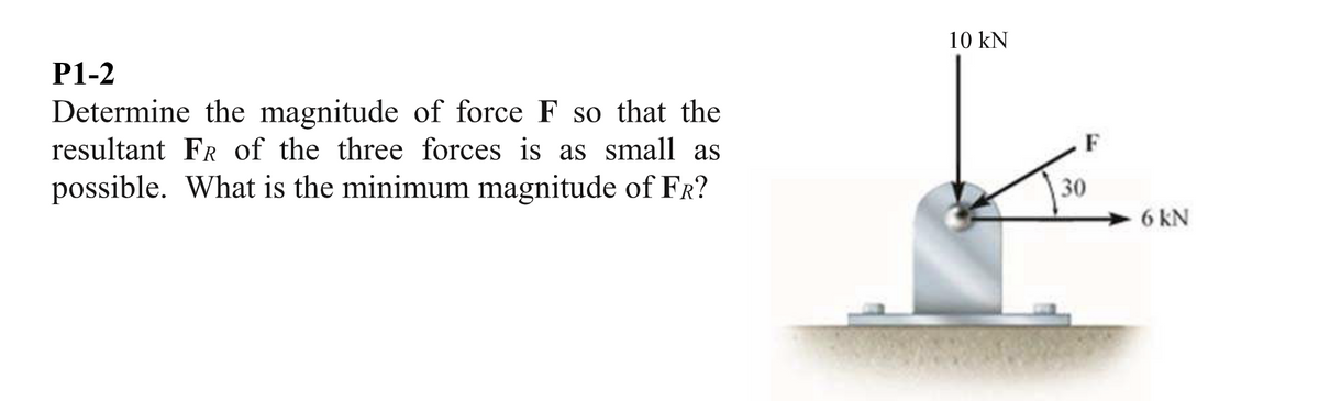 P1-2
Determine the magnitude of force F so that the
resultant FR of the three forces is as small as
possible. What is the minimum magnitude of FR?
10 kN
30
6 KN