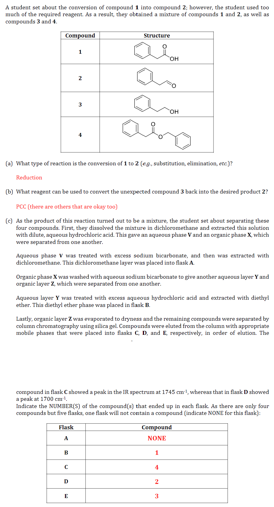 A student set about the conversion of compound 1 into compound 2; however, the student used too
much of the required reagent. As a result, they obtained a mixture of compounds 1 and 2, as well as
compounds 3 and 4.
Compound
Structure
1
2
3
4
ал
OH
an
OH
aso
(a) What type of reaction is the conversion of 1 to 2 (e.g., substitution, elimination, etc.)?
Reduction
(b) What reagent can be used to convert the unexpected compound 3 back into the desired product 2?
PCC (there are others that are okay too)
(c) As the product of this reaction turned out to be a mixture, the student set about separating these
four compounds. First, they dissolved the mixture in dichloromethane and extracted this solution
with dilute, aqueous hydrochloric acid. This gave an aqueous phase V and an organic phase X, which
were separated from one another.
Aqueous phase V was treated with excess sodium bicarbonate, and then was extracted with
dichloromethane. This dichloromethane layer was placed into flask A.
Organic phase X was washed with aqueous sodium bicarbonate to give another aqueous layer Y and
organic layer Z, which were separated from one another.
Aqueous layer Y was treated with excess aqueous hydrochloric acid and extracted with diethyl
ether. This diethyl ether phase was placed in flask B.
Lastly, organic layer Z was evaporated to dryness and the remaining compounds were separated by
column chromatography using silica gel. Compounds were eluted from the column with appropriate
mobile phases that were placed into flasks C, D, and E, respectively, in order of elution. The
compound in flask C showed a peak in the IR spectrum at 1745 cm-1, whereas that in flask D showed
a peak at 1700 cm-¹.
Indicate the NUMBER(S) of the compound(s) that ended up in each flask. As there are only four
compounds but five flasks, one flask will not contain a compound (indicate NONE for this flask):
Flask
A
Compound
NONE
B
1
с
4
D
2
E
3