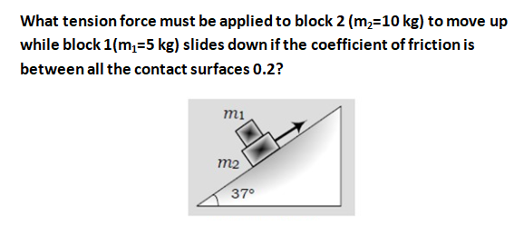 What tension force must be applied to block 2 (m,=10 kg) to move up
while block 1(m,=5 kg) slides down if the coefficient of friction is
between all the contact surfaces 0.2?
mi
m2
37°
