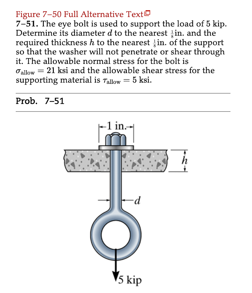 Figure 7-50 Full Alternative Text
7-51. The eye bolt is used to support the load of 5 kip.
Determine its diameter d to the nearest in. and the
required thickness h to the nearest ĝin. of the support
so that the washer will not penetrate or shear through
it. The allowable normal stress for the bolt is
σ allow = 21 ksi and the allowable shear stress for the
supporting material is Tallow = 5 ksi.
Prob. 7-51
-1 in.→
-d
5 kip