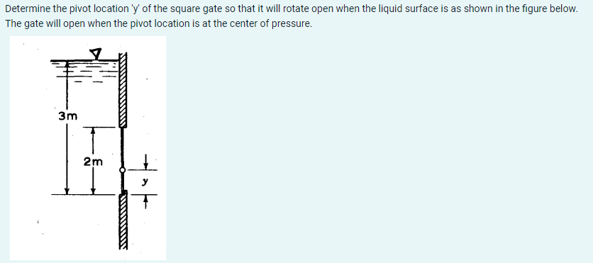 Determine the pivot location 'y' of the square gate so that it will rotate open when the liquid surface is as shown in the figure below.
The gate will open when the pivot location is at the center of pressure.
3m
2m
