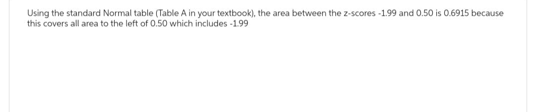 Using the standard Normal table (Table A in your textbook), the area between the z-scores -1.99 and 0.50 is 0.6915 because
this covers all area to the left of 0.50 which includes -1.99
