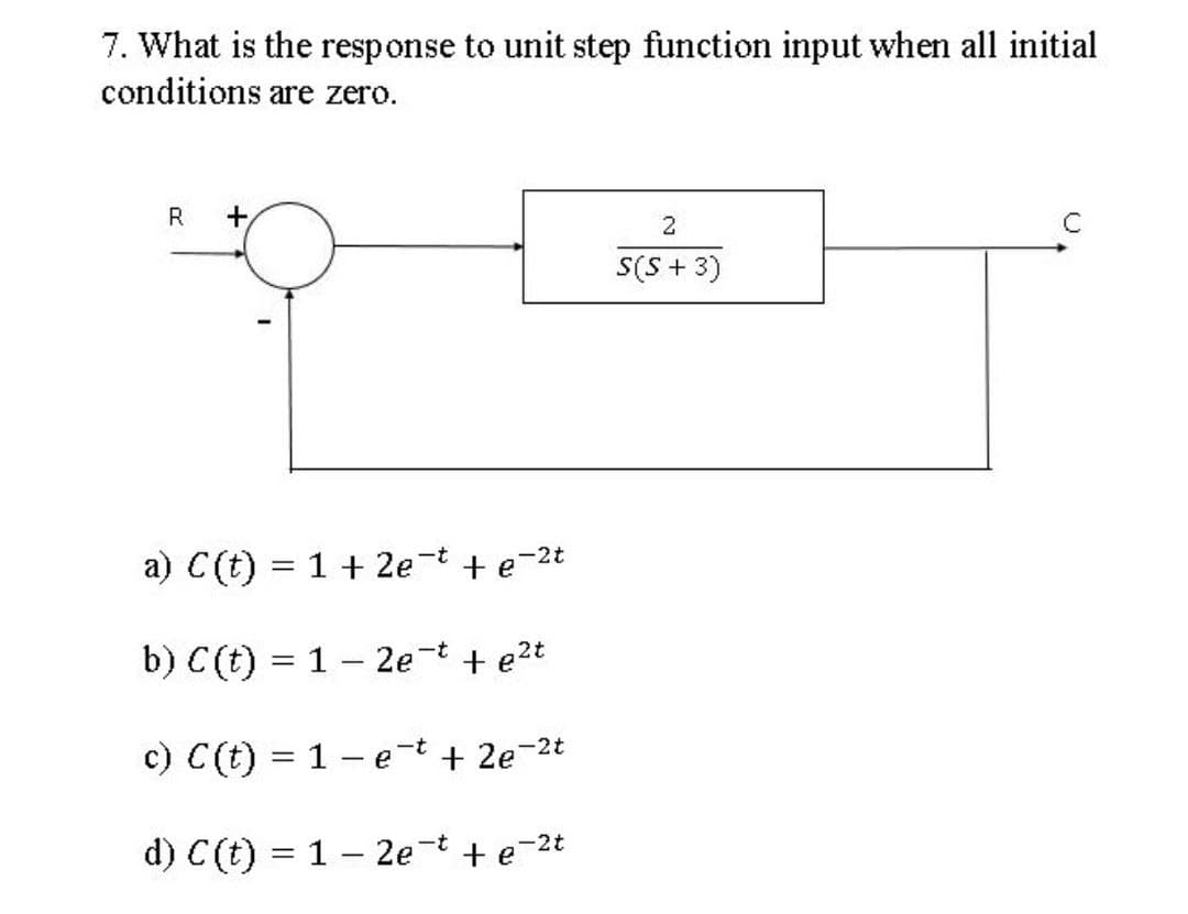 7. What is the response to unit step function input when all initial
conditions are zero.
R
2
S(S + 3)
a) C(t) = 1 + 2e t + e-2t
b) C (t) = 1 – 2e-t + e2t
ーt
c) C(t) = 1- e-t + 2e-2t
d) C(t) = 1 - 2e-t + e-2t
