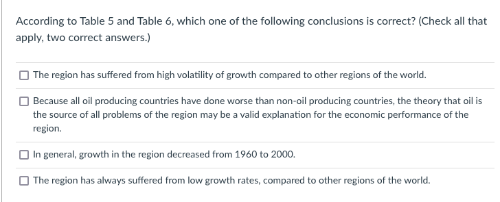 According to Table 5 and Table 6, which one of the following conclusions is correct? (Check all that
apply, two correct answers.)
The region has suffered from high volatility of growth compared to other regions of the world.
Because all oil producing countries have done worse than non-oil producing countries, the theory that oil is
the source of all problems of the region may be a valid explanation for the economic performance of the
region.
O In general, growth in the region decreased from 1960 to 2000.
O The region has always suffered from low growth rates, compared to other regions of the world.
