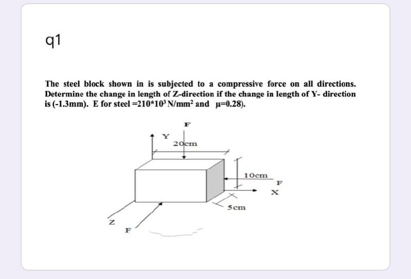 q1
The steel block shown in is subjected to a compressive force on all directions.
Determine the change in length of Z-direction if the change in length of Y- direction
is (-1.3mm). E for steel =210*10° N/mm? and u=0.28).
20cm
10cm
F
Scm
F
