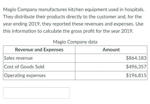 Magio Company manufactures kitchen equipment used in hospitals.
They distribute their products directly to the customer and, for the
year ending 2019, they reported these revenues and expenses. Use
this information to calculate the gross profit for the year 2019.
Magio Company data
Revenue and Expenses
Sales revenue
Cost of Goods Sold
Operating expenses
Amount
$864,183
$496,357
$196,815
