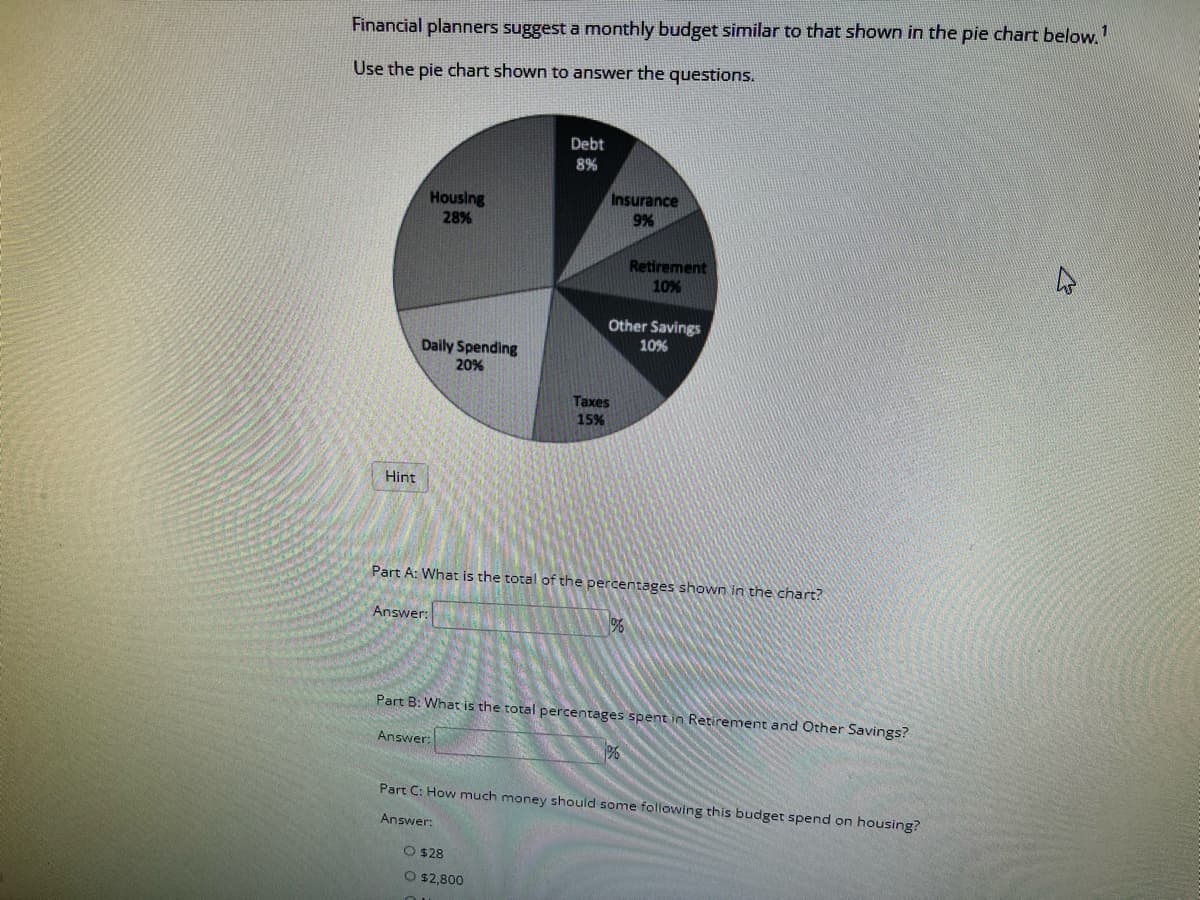 Financial planners suggest a monthly budget similar to that shown in the pie chart below.1
Use the pie chart shown to answer the questions.
Hint
Housing
28%
Daily Spending
20%
Answer:
Debt
8%
Insurance
9%
Taxes
15%
O $28
O $2,800
Other Savings
10%
Part A: What is the total of the percentages shown in the chart?
Retirement
10%
%
Part B: What is the total percentages spent in Retirement and Other Savings?
Answer:
%
Part C: How much money should some following this budget spend on housing?
Answer: