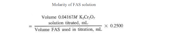 11
Molarity of FAS solution
Volume 0.04167M K₂Cr₂O,
solution titrated, mL
Volume FAS used in titration, mL
× 0.2500