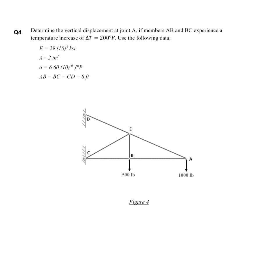 Q4
Determine the vertical displacement at joint A, if members AB and BC experience a
temperature increase of AT = 200°F. Use the following data:
E = 29 (10) ksi
A= 2 in?
a = 6.60 (10)" /°F
AB = BC = CD = 8 ft
-
%3D
E
B
A
500 lb
1000 Ib
Figure 4
