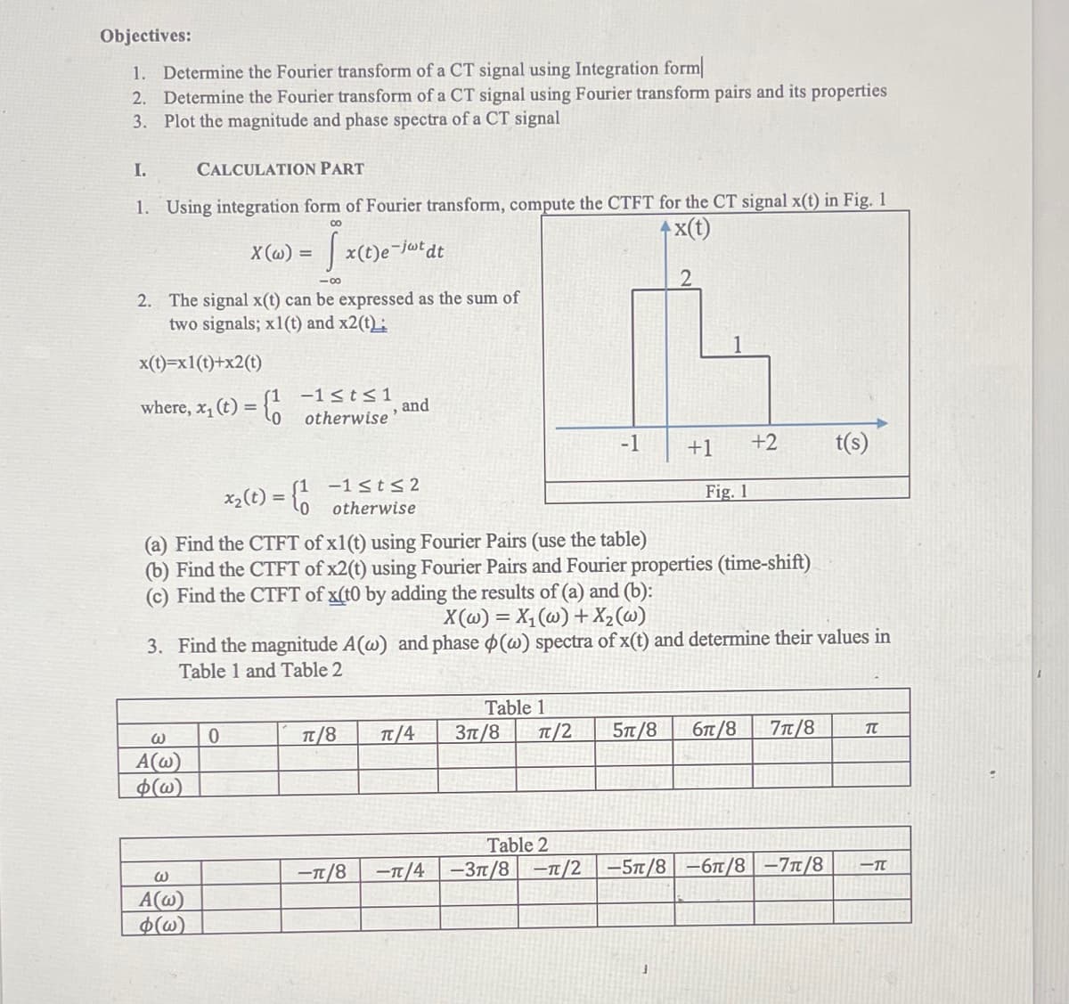 Objectives:
1. Determine the Fourier transform of a CT signal using Integration form
2. Determine the Fourier transform of a CT signal using Fourier transform pairs and its properties
3. Plot the magnitude and phase spectra of a CT signal
I.
CALCULATION PART
1. Using integration form of Fourier transform, compute the CTFT for the CT signal x(t) in Fig. 1
x(t)
8.
X (@) =
x(t)e-jutdt
-00
2. The signal x(t) can be expressed as the sum of
two signals; x1(t) and x2(t);
x(t)=x1(t)+x2(t)
where, x, (t) = {6
-1 st<1
and
otherwise'
-1
+1
+2
t(s)
(1 -1 <t< 2
x2(t) = t0
Fig. 1
otherwise
(a) Find the CTFT of x1(t) using Fourier Pairs (use the table)
(b) Find the CTFT of x2(t) using Fourier Pairs and Fourier properties (time-shift)
(c) Find the CTFT of x(t0 by adding the results of (a) and (b):
X(@) = X,(@) + X2(@)
3. Find the magnitude A(w) and phase (w) spectra of x(t) and determine their values in
Table 1 and Table 2
Table 1
T/8
T/4
Зп/8
Tt/2
5t/8
би /8
7TT/8
A(@)
$(@)
Table 2
-/8
-T/4-3T/8 -T/2 |-5T/8 -61/8 -71/8
A(@)
$(w)
