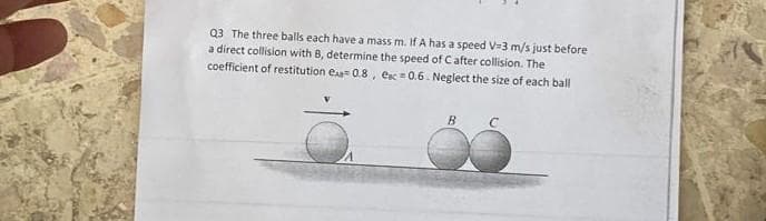 Q3 The three balls each have a mass m. If A has a speed V-3 m/s just before
a direct collision with 8, determine the speed of C after collision. The
coefficient of restitution ex- 0.8, exc=0.6. Neglect the size of each ball
B