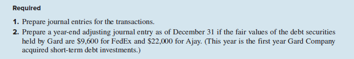 Required
1. Prepare journal entries for the transactions.
2. Prepare a year-end adjusting journal entry as of December 31 if the fair values of the debt securities
held by Gard are $9,600 for FedEx and $22,000 for Ajay. (This year is the first year Gard Company
acquired short-term debt investments.)
