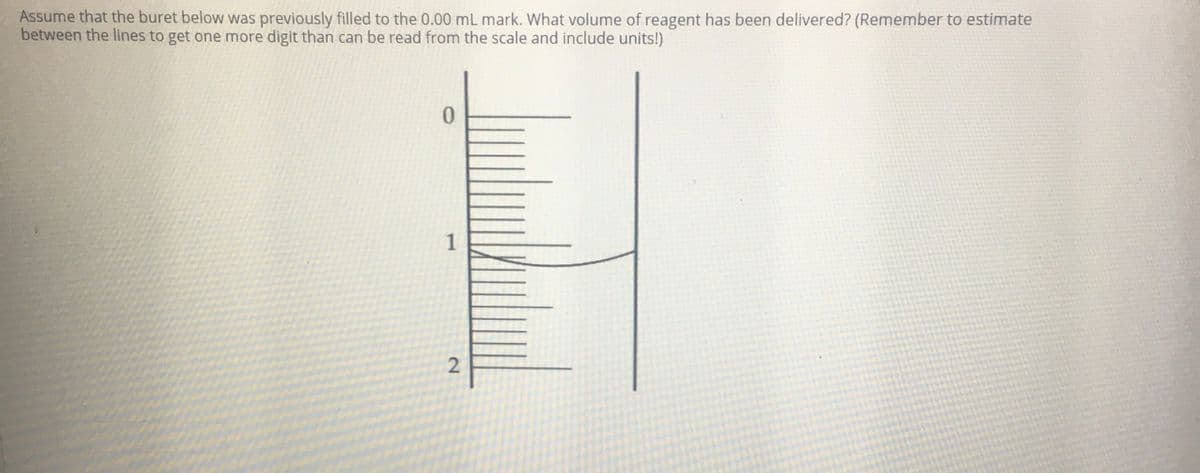 Assume that the buret below was previously filled to the 0.00 mL mark. What volume of reagent has been delivered? (Remember to estimate
between the lines to get one more digit than can be read from the scale and include units!)
1.
2.
