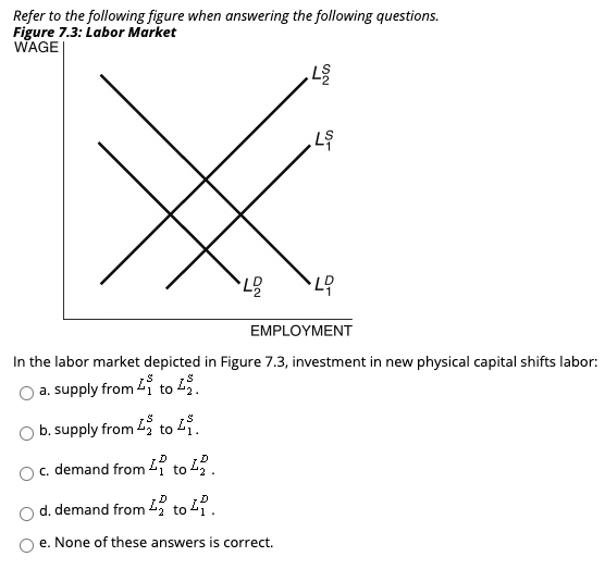 Refer to the following figure when answering the following questions.
Figure 7.3: Labor Market
WAGE
L2
LS
L$
LO
EMPLOYMENT
In the labor market depicted in Figure 7.3, investment in new physical capital shifts labor:
a. supply from to
b. supply from
to
to 4₁.
c. demand from 4to 42.
d. demand from to 42.
e. None of these answers is correct.