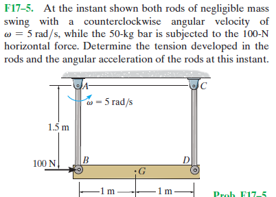 F17–5. At the instant shown both rods of negligible mass
swing with a counterclockwise angular velocity of
w = 5 rad/s, while the 50-kg bar is subjected to the 100-N
horizontal force. Determine the tension developed in the
rods and the angular acceleration of the rods at this instant.
o = 5 rad/s
1.5 m
100 N
B
D
:G
-1m
Prob F17-5
