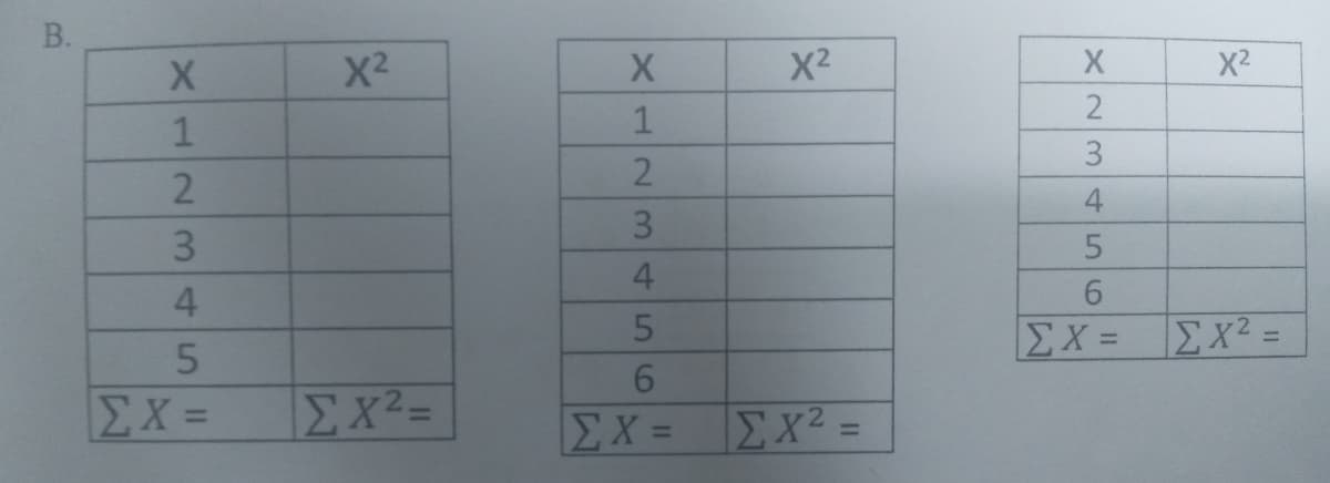 Β.
X2
Χ
X2
Χ
X2
3
2
3
4
ΣΧΕΣΧΕ
ΣΧ
EX²=
EX=Ex² =
ΣΧΕ
%3D
Ν
4.
Χ Ν
3.
45
B.
