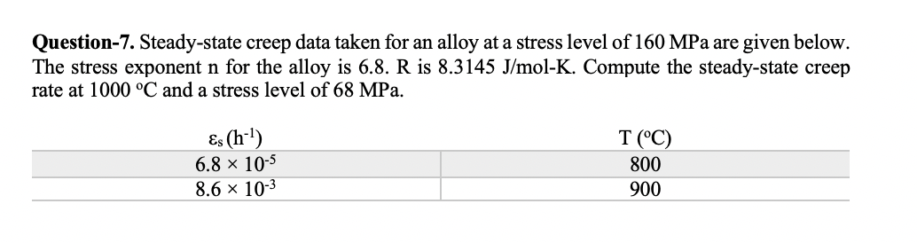 Question-7. Steady-state creep data taken for an alloy at a stress level of 160 MPa are given below.
The stress exponent n for the alloy is 6.8. R is 8.3145 J/mol-K. Compute the steady-state creep
rate at 1000 °C and a stress level of 68 MPa.
Es (h-1)
6.8 × 10-5
T (°C)
800
8.6 x 10-3
900
