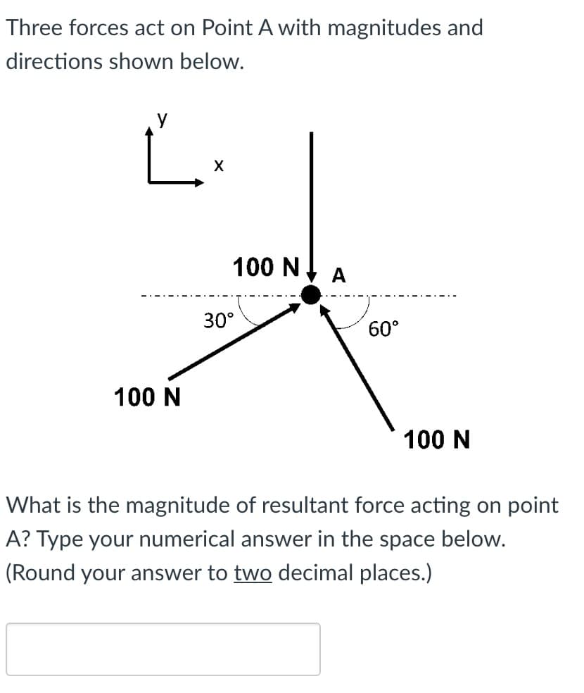 Three forces act on Point A with magnitudes and
directions shown below.
Ľ.
X
100 N
100 N.
30°
60°
100 N
What is the magnitude of resultant force acting on point
A? Type your numerical answer in the space below.
(Round your answer to two decimal places.)