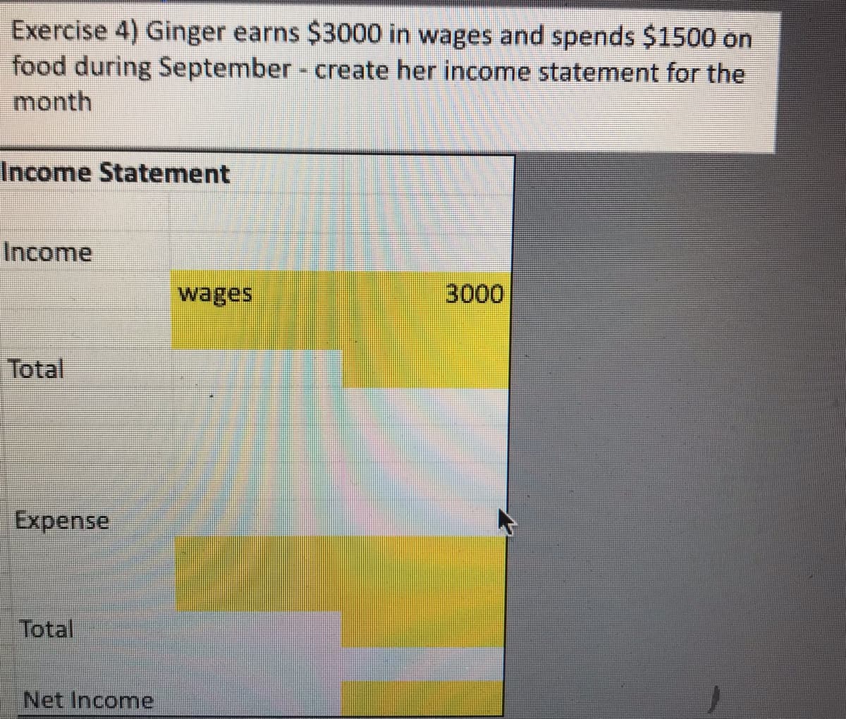 Exercise 4) Ginger earns $3000 in wages and spends $1500 on
food during September - create her income statement for the
month
Income Statement
Income
Total
Expense
Total
Net Income
wages
3000