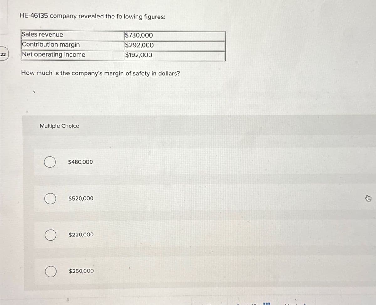 HE-46135 company revealed the following figures:
Sales revenue
Contribution margin
22
Net operating income
$730,000
$292,000
$192,000
How much is the company's margin of safety in dollars?
Multiple Choice
$480,000
О
$520,000
$220,000
$250,000
留