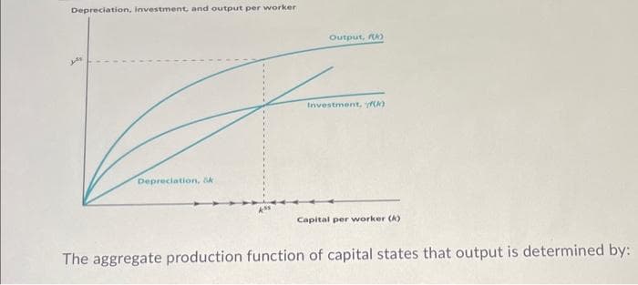 Depreciation, investment, and output per worker
juts
Depreciation, ök
Ass
Output, (k)
Investment, (k)
Capital per worker (K)
The aggregate production function of capital states that output is determined by: