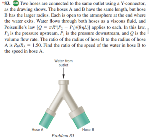 *83. Go Two hoses are connected to the same outlet using a Y-connector,
as the drawing shows. The hoses A and B have the same length, but hose
B has the larger radius. Each is open to the atmosphere at the end where
the water exits. Water flows through both hoses as a viscous fluid, and
Poiseuille's law [Q = ™R°(P2 – P)/(8nL)] applies to each. In this law, ,
P, is the pressure upstream, P, is the pressure downstream, and Q is the
volume flow rate. The ratio of the radius of hose B to the radius of hose
A is Rg/RA = 1.50. Find the ratio of the speed of the water in hose B to
the speed in hose A.
Water from
outlet
Hose A
Hose B
Problem 83
