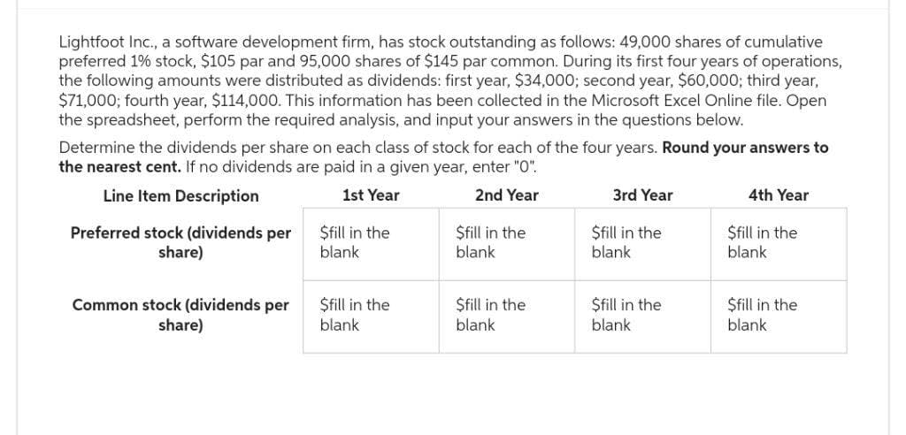 Lightfoot Inc., a software development firm, has stock outstanding as follows: 49,000 shares of cumulative
preferred 1% stock, $105 par and 95,000 shares of $145 par common. During its first four years of operations,
the following amounts were distributed as dividends: first year, $34,000; second year, $60,000; third year,
$71,000; fourth year, $114,000. This information has been collected in the Microsoft Excel Online file. Open
the spreadsheet, perform the required analysis, and input your answers in the questions below.
Determine the dividends per share on each class of stock for each of the four years. Round your answers to
the nearest cent. If no dividends are paid in a given year, enter "0".
Line Item Description
1st Year
2nd Year
Preferred stock (dividends per
share)
Common stock (dividends per
share)
$fill in the
blank
$fill in the
blank
$fill in the
blank
$fill in the
blank
3rd Year
$fill in the
blank
$fill in the
blank
4th Year
$fill in the
blank
$fill in the
blank
