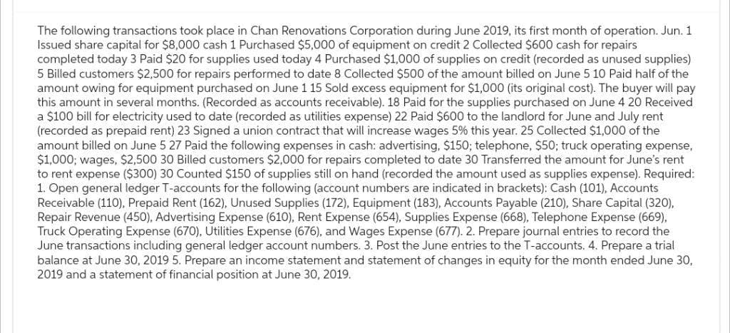 The following transactions took place in Chan Renovations Corporation during June 2019, its first month of operation. Jun. 1
Issued share capital for $8,000 cash 1 Purchased $5,000 of equipment on credit 2 Collected $600 cash for repairs
completed today 3 Paid $20 for supplies used today 4 Purchased $1,000 of supplies on credit (recorded as unused supplies)
5 Billed customers $2,500 for repairs performed to date 8 Collected $500 of the amount billed on June 5 10 Paid half of the
amount owing for equipment purchased on June 115 Sold excess equipment for $1,000 (its original cost). The buyer will pay
this amount in several months. (Recorded as accounts receivable). 18 Paid for the supplies purchased on June 4 20 Received
a $100 bill for electricity used to date (recorded as utilities expense) 22 Paid $600 to the landlord for June and July rent
(recorded as prepaid rent) 23 Signed a union contract that will increase wages 5% this year. 25 Collected $1,000 of the
amount billed on June 5 27 Paid the following expenses in cash: advertising, $150; telephone, $50; truck operating expense,
$1,000; wages, $2,500 30 Billed customers $2,000 for repairs completed to date 30 Transferred the amount for June's rent
to rent expense ($300) 30 Counted $150 of supplies still on hand (recorded the amount used as supplies expense). Required:
1. Open general ledger T-accounts for the following (account numbers are indicated in brackets): Cash (101), Accounts
Receivable (110), Prepaid Rent (162), Unused Supplies (172), Equipment (183), Accounts Payable (210), Share Capital (320),
Repair Revenue (450), Advertising Expense (610), Rent Expense (654), Supplies Expense (668), Telephone Expense (669),
Truck Operating Expense (670), Utilities Expense (676), and Wages Expense (677). 2. Prepare journal entries to record the
June transactions including general ledger account numbers. 3. Post the June entries to the T-accounts. 4. Prepare a trial
balance at June 30, 2019 5. Prepare an income statement and statement of changes in equity for the month ended June 30,
2019 and a statement of financial position at June 30, 2019.