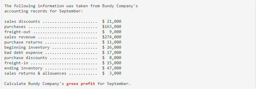 The following information was taken from Bundy Company's
accounting records for September:
sales discounts
purchases
freight-out
sales revenue
purchase returns
beginning inventory
bad debt expense
purchase discounts
freight-in
$ 21,000
$163,000
$ 9,000
$274,000
$ 11,000
$ 26,000
$ 17,000
$ 8,000
$ 15,000
$ 47,000
$ 3,000
Calculate Bundy Company's gross profit for September.
ending inventory
sales returns & allowances